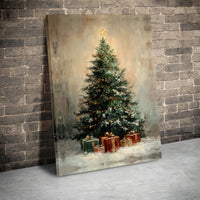 Vintage Holiday Presents Canvas Print, Rustic Christmas Tree Canvas Art, Farmhouse Xmas Pine Tree Canvas, Festive Seasonal Home Decor Present