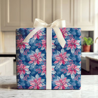 Watercolor Floral Holiday Gift Wrap, Pink Poinsettia Christmas Wrapping Paper, Winter Botanical Wrapping Paper, Elegant Navy Blue Present Paper