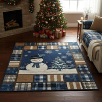 Blue Plaid Winter Holiday Rug, Christmas Snowman Area Rug, Festive Living Room Carpet, Comfy Seasonal Floor Mat, Christmas Present