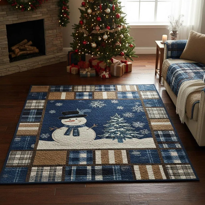 Blue Plaid Winter Holiday Rug, Christmas Snowman Area Rug, Festive Living Room Carpet, Comfy Seasonal Floor Mat, Christmas Present