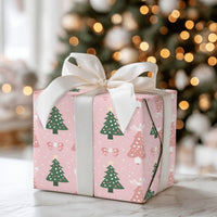 Whimsical Bow Holiday Gift Wrap, Pink Christmas Tree Wrapping Paper, Adorable Green Tree Present Paper, Modern Pastel Christmas Wrapping Paper