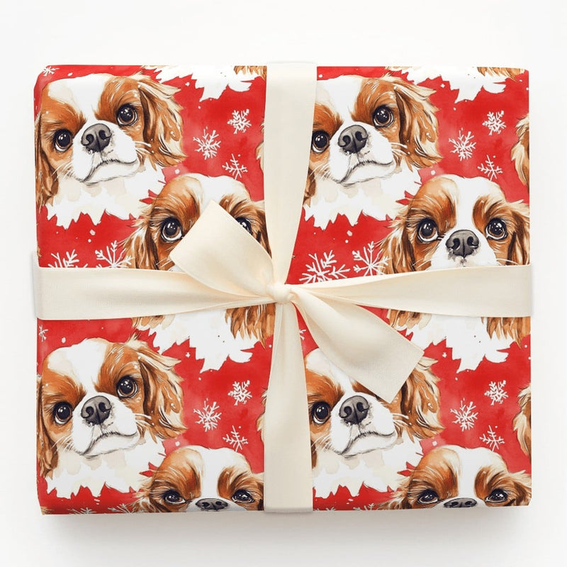 Festive Watercolor Dog Holiday Gift Wrap, Cavalier King Charles Spaniel Christmas Wrapping Paper, Winter Snowflake Puppy Present Wrap