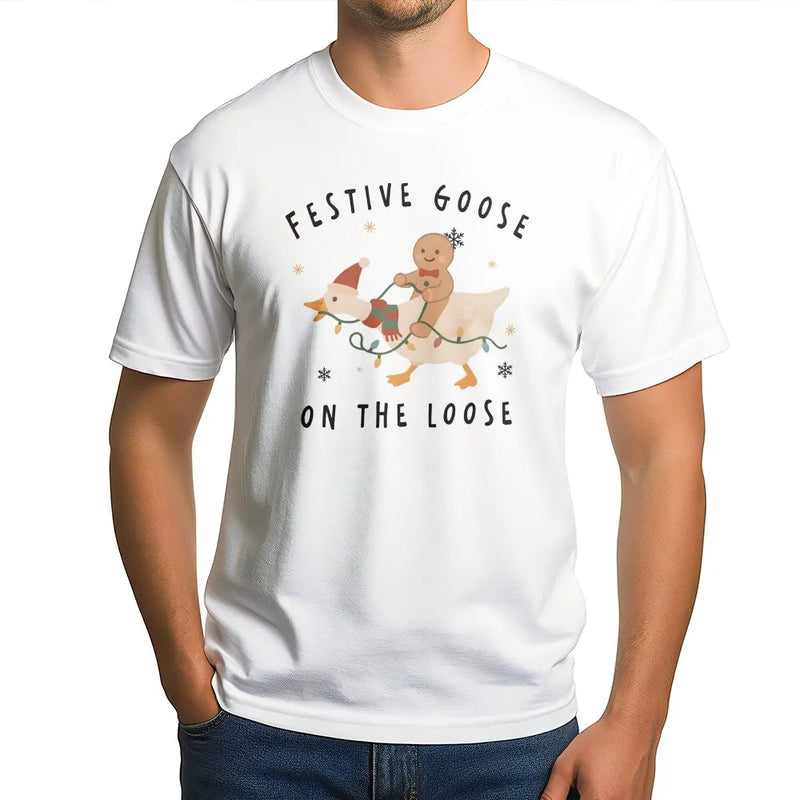 Christmas Goose T-Shirt, Festive Goose on the Loose Shirt, Gingerbread Man Riding Goose Tee, Humorous Holiday Graphic Tee, Christmas Present