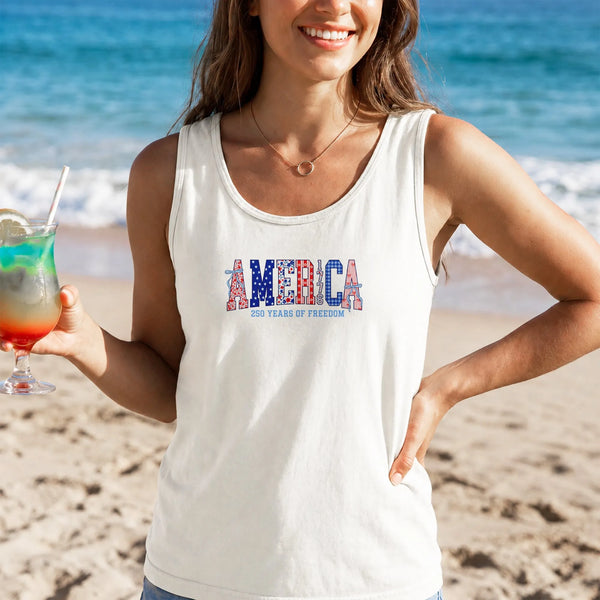 America 250 Years Tank Top | Patriotic Stars & Stripes Letter Art | Soft Breathable Unisex Fit | 4th of July Gift for Patriots