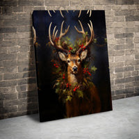 Christmas Holly Wreath Wall Art, Majestic Deer Canvas Print, Winter Deer Canvas Wall Decor, Holiday Season Deer Art Present