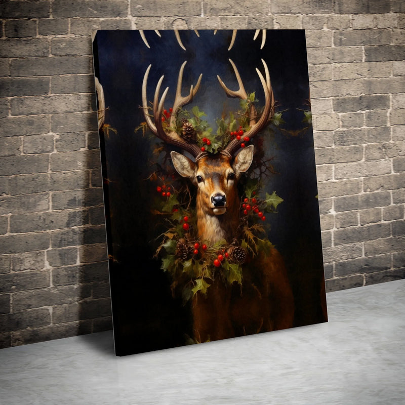 Christmas Holly Wreath Wall Art, Majestic Deer Canvas Print, Winter Deer Canvas Wall Decor, Holiday Season Deer Art Present