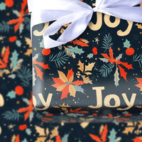 Navy Holly Botanical Holiday Wrapping Paper, Joy Poinsettia Christmas Wrapping Paper, Floral Winter Gift Wrap, Elegant Xmas Paper Roll