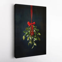 Minimalist Christmas Botanical Canvas Print, Mistletoe Red Ribbon Wall Art, Holiday Festive Decor, Digital Download Printable Poster