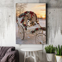 Dog in Poinsettia Garland Carriage Poster, Corgi Christmas Canvas Wall Art, Adorable Winter Puppy Holiday Digital Download, Pet Lover Present