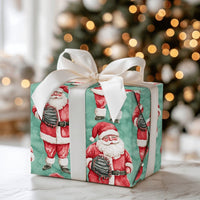 Santa with Glove Gift Wrap, Baseball Santa Christmas Wrapping Paper, Teal Holiday Baseball Wrapping Paper, Athlete Xmas Wrapping Paper