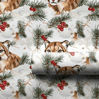 Winter Mountain Lion Gift Wrap, Watercolor Cougar Wrapping Paper, Pine and Berry Christmas Gift Wrap, Snowy Wildlife Holiday Wrapping Paper