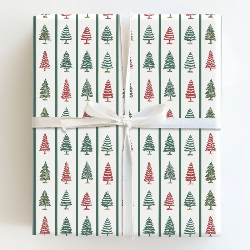 Red Green Pine Tree Gift Wrap, Striped Christmas Tree Wrapping Paper, Classic Holiday Present Paper, Traditional Striped Gift Wrapping Paper