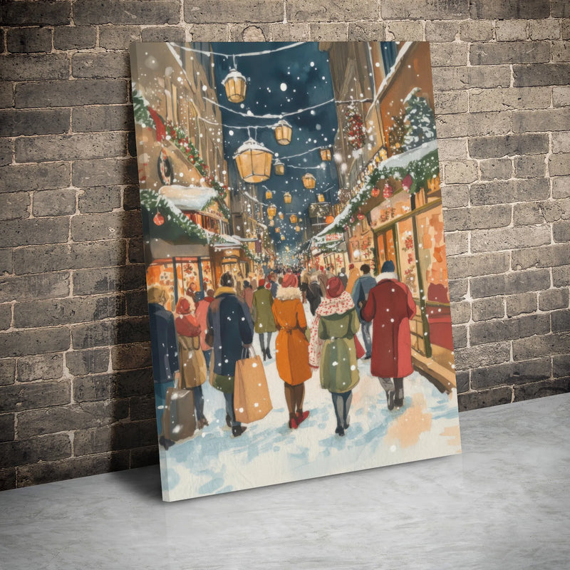 Snowy Night Winter City Wall Art, Christmas Shopping Street Canvas, Festive Holiday Townscape Print, Comfy Christmas Village Art Canvas
