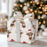 Santa Hat Animal Gift Wrap, Highland Cow Christmas Wrapping Paper, Rustic Cow Wrapping Paper Roll, Holiday Wrapping Paper, Xmas Gift Wrap