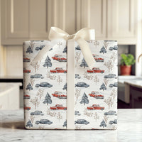 Retro Snowy Forest Gift Wrap, Vintage Car Christmas Wrapping Paper, Classic Car Holiday Wrapping Paper, Winter Vehicle Gift Wrapping Paper