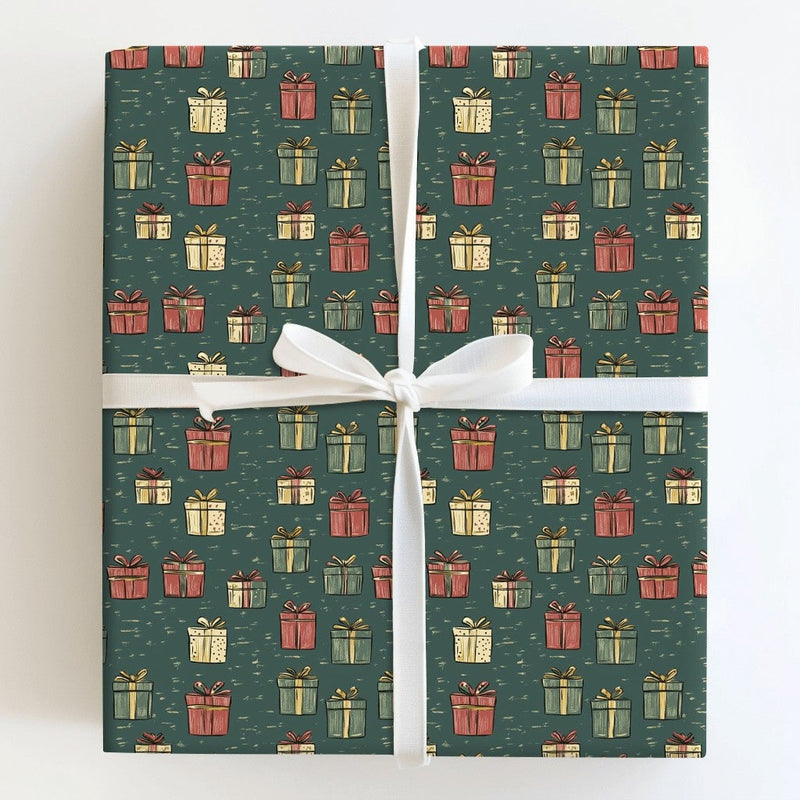 Rustic Holiday Gift Wrap, Vintage Gift Box Wrapping Paper, Christmas Present Wrapping Paper Roll, Dark Green Xmas Wrap