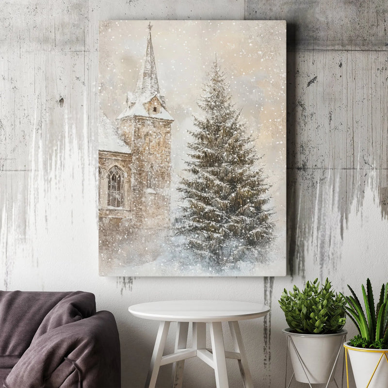 Christmas Tree Church Wall Art, Winter Church Snowy Landscape Canvas Art, Vintage Winter Church Painting, Holiday Digital Download Print
