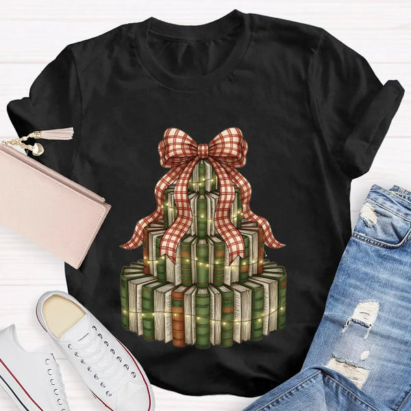 Bookworm Holiday Graphic Tee, Books Bows Lights Christmas Tree Shirt, Comfy Bookish Christmas T-Shirt, Reader Teacher Xmas Pr