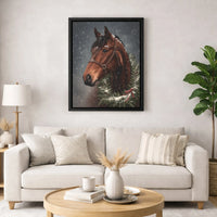 Brown Horse with Festive Wreath in Snow Canvas Print, Horse Christmas Wall Art, Winter Equestrian Canvas Art, Holiday Farmhouse Decor Present