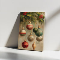 Holly Berries Painting Print, Vintage Christmas Ornaments Canvas Wall Art, Antique Baubles Canvas Decor, Traditional Holiday Home Present