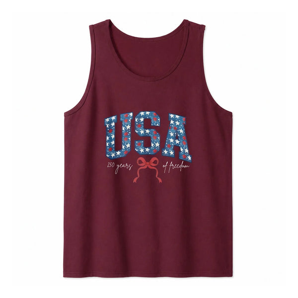 USA Patriotic Tank Top | Stars 250 Years of Freedom Coquette Bow Design | Soft Breathable Lightweight Fabric | Gift for Americana Fans