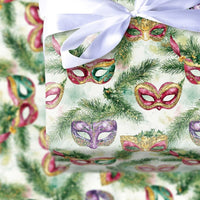 Venetian Mask Holiday Gift Wrap, Christmas Masquerade Wrapping Paper, Watercolor Festive Pine Gift Wrap, Winter Party Gift Wrapping Paper