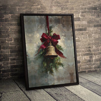 Vintage Red Bow Oil Painting Canvas Print, Christmas Bell Canvas Wall Art, Rustic Holiday Wall Art, Festive Xmas Canvas Decor, Seasonal Present