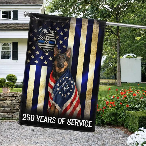 German Shepherd Thin Blue Line Garden Flag | 250 Years Police Service Commemorative | Double-Sided Polyester | Law Enforcement Support Gift