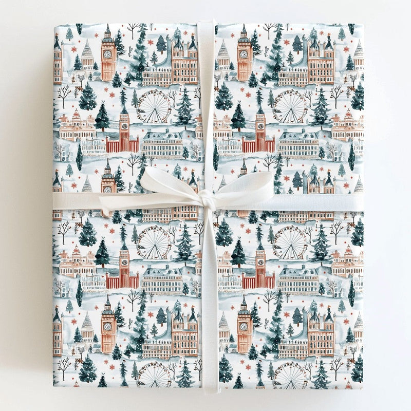 Big Ben Holiday Gift Wrap, London Christmas Wrapping Paper, Snowy Cityscape Present Wrap, Winter London Eye Travel Christmas Gift Wrap