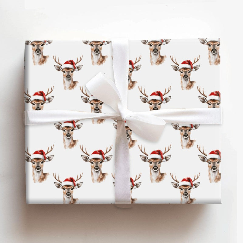 Woodland Animal Gift Wrap, Watercolor Reindeer Wrapping Paper, Santa Hat Reindeer Wrapping Paper, Rustic Christmas Holiday Wrapping Paper