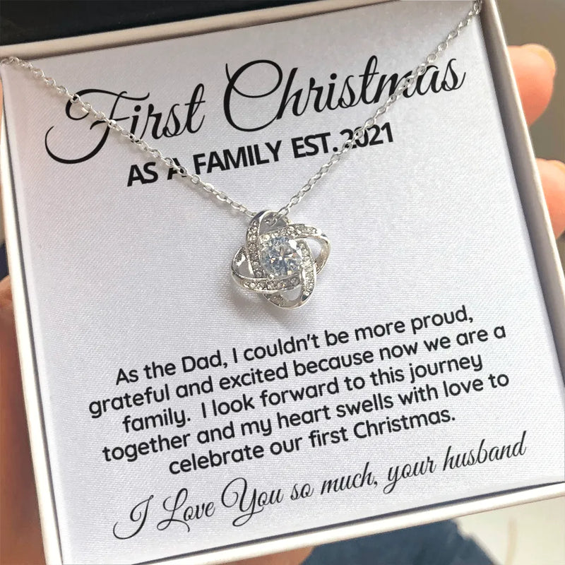 Love Knot Pendant for Wife, First Christmas as a Family Necklace, 14k White Gold Holiday Necklace, New Mom Christmas Present from Husband