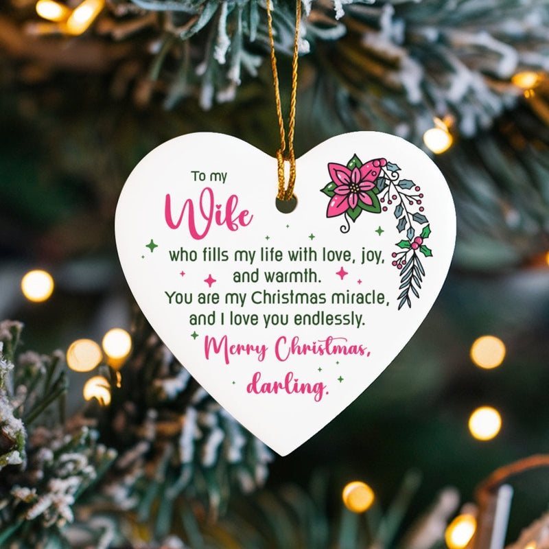 Romantic Ceramic Tree Ornament, To My Wife Heart Christmas Ornament, Meaningful Holiday Keepsake Ornament, Love Present for Wife, Xmas Decor