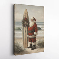 Tropical Christmas Canvas, Beach Santa Canvas Print, Coastal Holiday Wall Art, Beach Surfboard Canvas Decor, Ocean Lover Christmas Present
