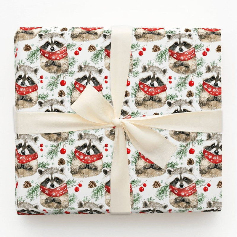 Adorable Woodland Animal Gift Wrap, Raccoon Scarf Wrapping Paper, Watercolor Winter Raccoon Paper, Christmas Holiday Wrapping Paper Roll