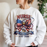 Patriotic Nurse Sweatshirt for Women | American Flag Bow & Stethoscope 250 Years Strong 1776-2026 | Soft Cotton Blend Cozy Pullover | Gift for Nurses on July 4th