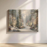 Snowy Woods Path Canvas Print, Enchanted Winter Forest Canvas Wall Art, Seasonal Christmas Landscape Canvas Decor, Comfy Cabin Wall Art