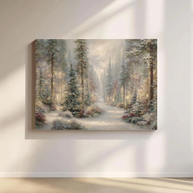 Snowy Woods Path Canvas Print, Enchanted Winter Forest Canvas Wall Art, Seasonal Christmas Landscape Canvas Decor, Comfy Cabin Wall Art