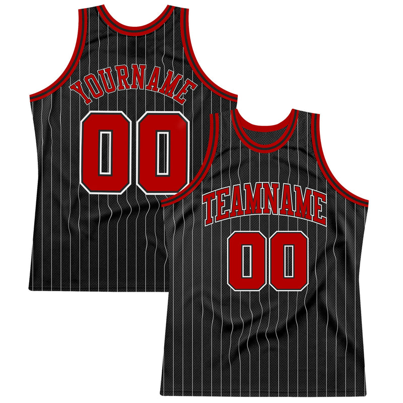 Custom Basketball Jersey - Black White Pinstripe Red-White Authentic
