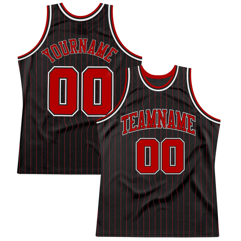 Custom Basketball Jersey - Black Red Pinstripe Red-White Authentic