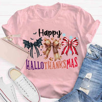 Halloween Thanksgiving Christmas Shirt, Happy Hallothanksmas Bow T-Shirt, Humorous Fall Holiday Mashup Graphic Tee, Autumn Coquette Top