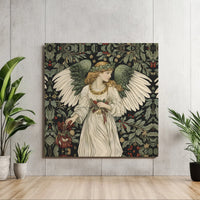 William Morris Botanical Canvas Print, Christmas Angel Square Canvas, Holly Berry Holiday Wall Canvas Art, Religious Xmas Present