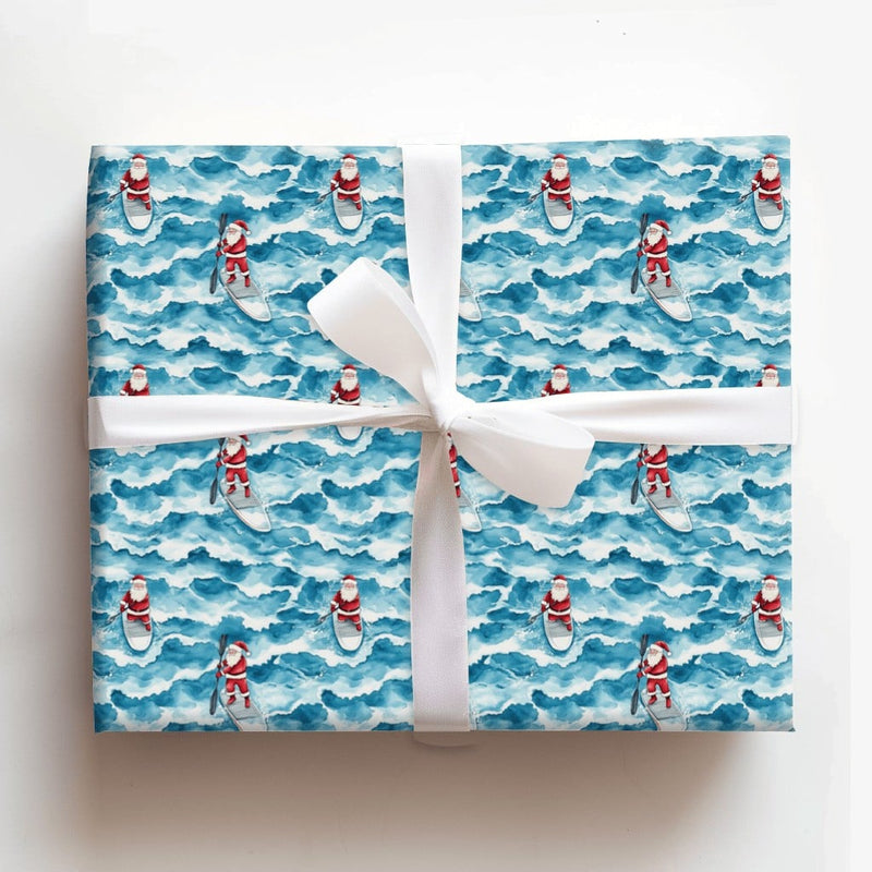 Coastal Christmas Santa Gift Wrap, Paddleboard Santa Wrapping Paper, Surfing Santa Claus Wrapping Paper, Beach Holiday Gift Wrap Roll
