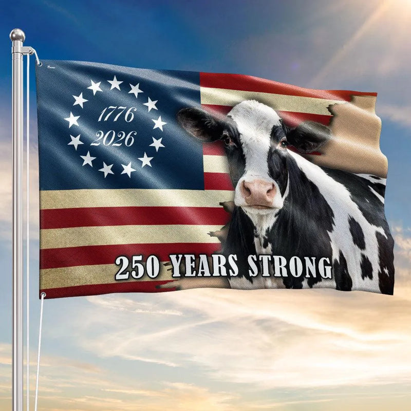 Dairy Cow American Flag 250 Years Strong | Patriotic Farm Decor House Flag | Double-Sided Weather-Resistant | Gift for Farmers