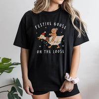 Christmas Goose T-Shirt, Festive Goose on the Loose Shirt, Gingerbread Man Riding Goose Tee, Humorous Holiday Graphic Tee, Christmas Present