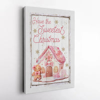 Pastel Christmas Wall Art, Pink Gingerbread House Canvas Print, Sweet Holiday Canvas Decor, Whimsical Xmas Wall Hanging