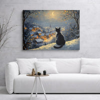 Snowy Winter Night Village Scene, Christmas Black Cat Canvas Wall Art, Comfy Holiday Kitten Print, Xmas Present Digital Download Decor