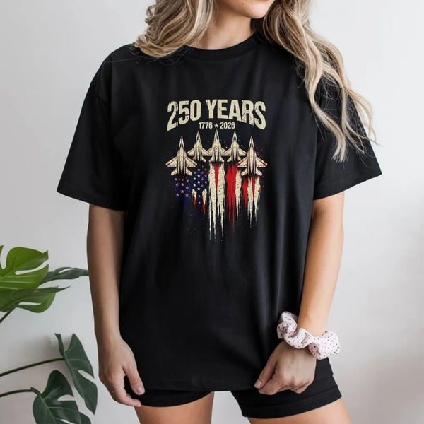 America 250 Years T-Shirt | Vintage Fighter Jet American Flag Graphic | Premium Cotton | Collector's 4th of July Gift for Patriots