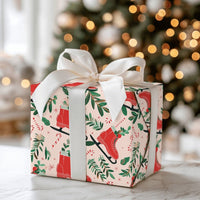 Candy Cane Holiday Gift Wrap, Retro Red Ice Skates Wrapping Paper, Christmas Foliage Wrapping Paper, Pink Winter Holiday Present Wrap Roll