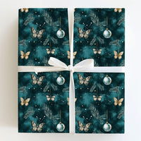 Teal Pine Ornament Gift Wrap, Winter Butterfly Wrapping Paper, Botanical Christmas Wrapping Paper, Nature Holiday Present Gift Wrap