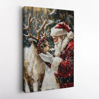 Snowy Winter Forest Canvas Print, Santa Claus and Reindeer Canvas Art, Vintage Christmas Wall Art Canvas, Holiday Seasonal Home Decor Present